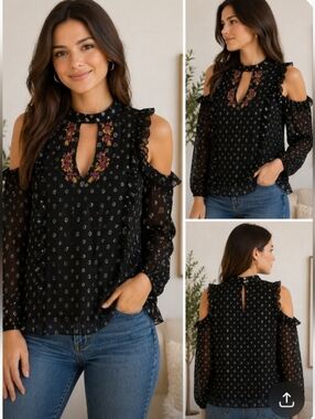 Tularosa Cold Shoulder Embroidered Keyhole Blouse NWTS Size Small